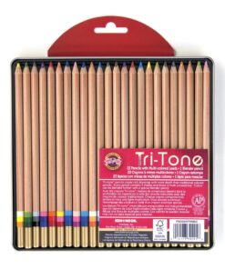 Koh-I-Noor Tri-Tone Multi-Colored Pencil Set, 24 Assorted Colors in Tin and Blister-Carded (FA33TIN24BC)