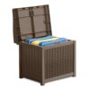 Suncast 22-Gallon Small Deck Box - Lightweight Resin Indoor/Outdoor Storage Container and Seat for Patio Cushions, Gardening Tools and Toys - Store Items on Patio, Garage, Yard - Mocha Wicker Mocha Wicher