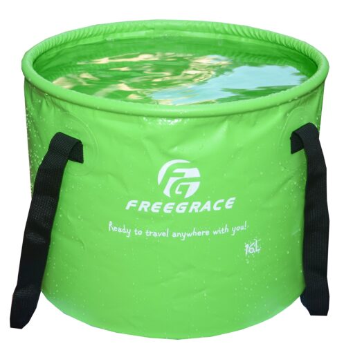 Premium Collapsible Bucket by Freegrace - Compact Portable Folding Water Container - Lightweight & Durable - Includes Handy Tool Mesh Pocket Green 16L