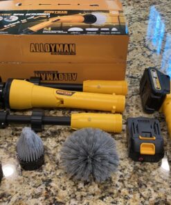 2 Battery Electric Spin Scrubber, 1000RPM Cordless Cleaning Brush Waterproof with 20V Power Supplied, Adjustable Extension Arm, 4 Replaceable Cleaning Heads, Hook, Gloves - for Tub/Tile/Wall/Floor Yellow-2 Batteries 27 81yRLKyhojL