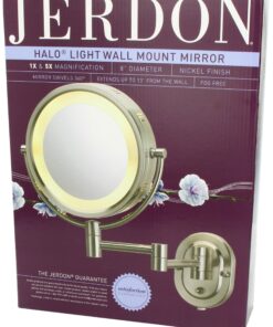 JERDON Two-Sided Wall-Mounted Makeup Mirror with Halo Lighting - Lighted Makeup Mirror with 5X Magnification & Wall-Mount Arm - Plug in Round Mirror with Nickel Finish Wall Mount - Model HL65N 21 81ydzszbP9L