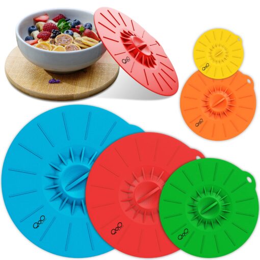 Silicone Food Lids - Set of 5 Colorful BPA Free Suction Covers - Heat Resistant Microwave Lids for Bowls, Cups, Pots and Pans - StoveTop, Oven, Fridge and Freezer Safe.