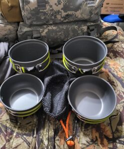 G4Free 2/4/13 PCS Camping Cookware Mess Kit Hiking Backpacking Picnic Cooking Bowl Non Stick Pot Knife Spoon Set Green 4 Pcs 55 81z3qO45JuL