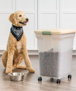 IRIS USA 55 Lbs / 67 Qt WeatherPro Airtight Pet Food Storage Container with Attachable Casters, For Dog Cat Bird and Other Pet Food Storage Bin, Keep Pests Out, Translucent Body, Almond/Clear Clear/Almond 31 81zCTC1matL 1