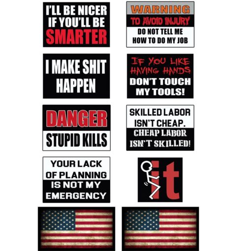 Funny Hard Hat & Helmet Stickers: 10 Decal Value Pack with 2 American Flags. Great for Construction Toolbox, Hardhat, Mechanic, Welder, Electrician. USA Made Fun Gift for Pro Union Working Men, Women