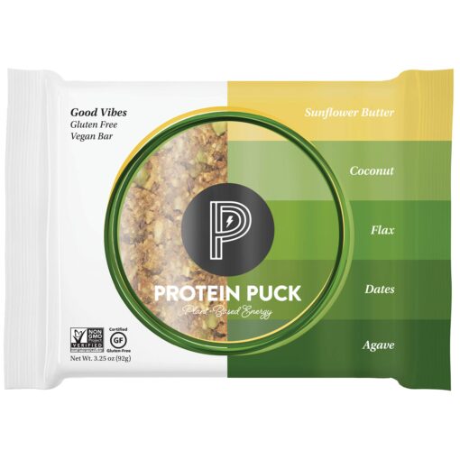 Protein Puck Plant Based Bars | Snacks with 13 grams of Vegan Protein | Gluten Free, Non Dairy, Kosher Certified Non GMO Premium Healthy Bar | Good Vibes, 16 Count (1 Pack) Good Vibes - Coconut, Dates 16 Count (Pack of 1)