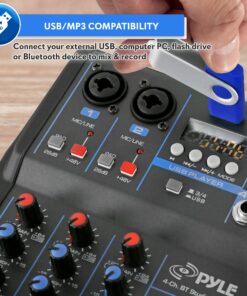 Pyle Professional Audio Mixer Sound Board Console System Interface 4 Channel Digital USB Bluetooth MP3 Computer Input 48V Phantom Power Stereo DJ Studio Streaming FX 16-Bit DSP processor-PMXU43BT 24 81zgZbQf8cS