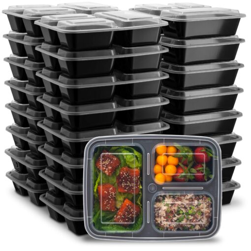 Ez Prepa 25 Pack 32oz 3 Compartment Meal Prep Containers with Lids -Food Storage Containers Plastic, Bento Box, Lunch Containers, Microwavable, Freezer and Dishwasher Safe, Food Containers