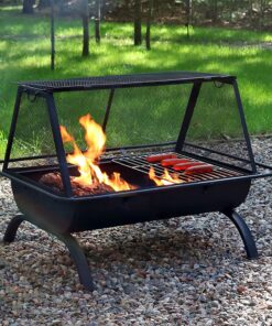 Sunnydaze 36-Inch Northland Outdoor Rectangular Fire Pit with Cooking Grill, Poker, and Spark Screen - Black Finish 26 91 1z8IGkzL