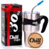 Chill Cups 30oz Insulated Stainless Steel Tumbler with Straw | Double Wall Vacuum Cup, BPA-Free Clear Lid, Metal Straw, Cleaning Brush, Cork Coaster - Reusable Travel Mug for Coffee, Water, Smoothie Metallic Silver 6 Piece Set 62 91 fiqNIXzL