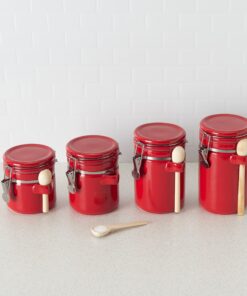 Canister Sets For The Kitchen (4 Piece Set) Red, High Gloss Ceramic | By Home Basics | Decorative | With Wooden Spoons, Countertop Set For Flour, Sugar, Coffee, and Snacks 26 9104nsNDxpL