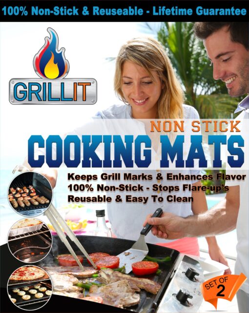 Grill IT, The Original BBQ Grill & Baking Mat - Set of 2 Durable Nonstick Sheets - For Grilling, Barbecue, Cooking - Dishwasher Safe - 15.75" x 13"