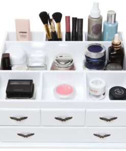 Alternative view of MyGift 8 Compartment Shabby Chic White Wood Cosmetic Makeup Vanity Organizer Rack and 4 Storage Drawers