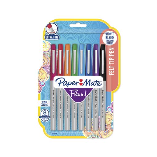 Paper Mate 62145 Flair Felt Tip Pens, Ultra Fine Point (0.4mm), Assorted Colors, 8 Count Assorted Core Colors 8 Count (Pack of 1)