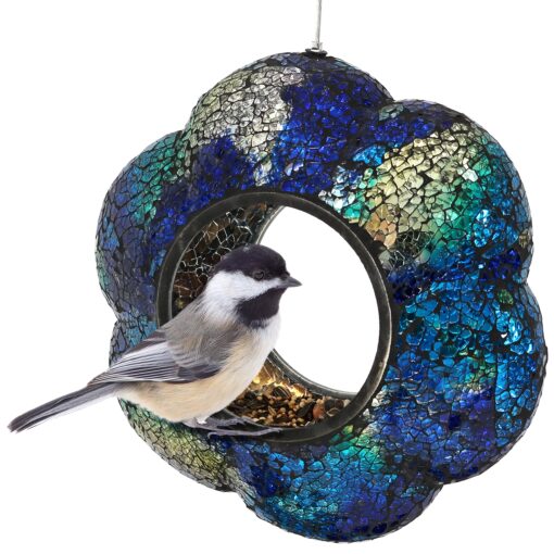 Sunnydaze Indigo Flower 9-Inch Round Fly-Through Bird Feeder - Crackled Glass Design