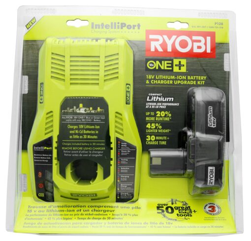 Ryobi P128 Upgrade Kit: Intelliport 18V Lithium Ion Battery Charger (P117) and Single 18V Lithium Ion Battery (P102) Compatible With One+ System