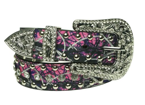 Muddy Girl Pink Camo Belt - Women’s Western Cowgirl Rhinestone Studded Bling Belt with Buckle Small