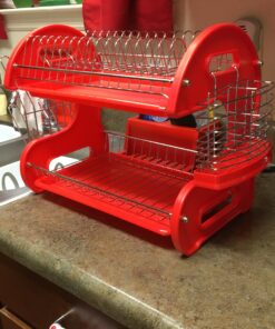 2 Tier Dish Drainer, By Home Basics (Red) Dish Rack For Kitchen Counter, With Cutlery Holder and Cup Slots Red 35 913dInNi2IL