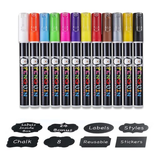 Homarden Liquid Chalk Markers - 12 Washable Colors, Fine Tip Chalk Pens (3mm), Wet Erase Markers for Blackboard, Glass, Window, Chalkboard Signs, Car - Reversible Tip & Chalkboard Stickers Vibrant