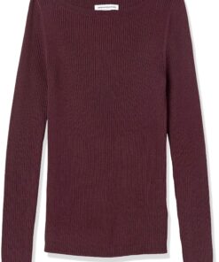 Amazon Essentials Women's Lightweight Ribbed Long-Sleeve Boat Neck Slim-Fit Sweater Large Burgundy 11 914NHtsZi3L