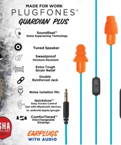 Plugfones Guardian Plus in-Ear Earplug Earbud Hybrid - Noise Reduction in-Ear Headphones with Noise Isolating Mic and Controls (Orange & Blue) Light Blue/Orange 9 915 y0Oi73L