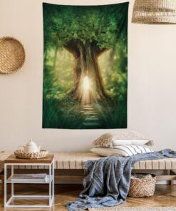 Ambesonne Tree Tapestry, Tree of Life Themed Arrangement with Thirving Jungle Spring Season, Wall Hanging for Bedroom Living Room Dorm Decor, 40" X 60", Brown Yellow Satin 40" Width X 60" Length 20 915yKxKBHL