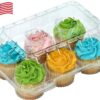 Decony Cupcake Boxes 6 Count [ MADE IN USA ]- Clear Plastic Cupcake Containers with 4" High Dome Lid- Durable Cupcake Holders- Each Cup Cake Box Holds 6 Cupcakes- 12 Pack
