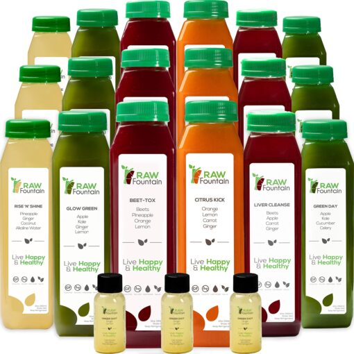 3 Day Juice Cleanse by Raw Fountain, All Natural Raw Detox Cleanse, Weight Management Program, Cold Pressed Fruit and Vegetable Juices, Tasty and Energizing, 18 Bottles 12oz, 3 Ginger Shots 3 Day Cleanse