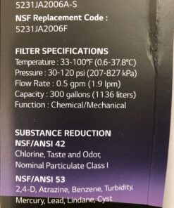 LG LT600P - 6 Month / 300 Gallon Capacity Replacement Refrigerator Water Filter (NSF42 and NSF53 5231JA2006A, 5231JA2006B, 5231JA2006F, or 5231JA2006F , White 43 919B2lgtr4L