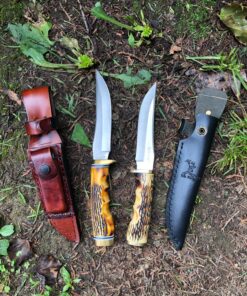 Uncle Henry 153UH Golden Spike Fixed Blade Knife with 5in High Carbon S.S. Blade, Staglon Handle, Sharpening Stone, Full Tang, and Leather Sheath for Hunting, Skinning, Camping, and Outdoors 153UH Golden Spike (Box) 30 91AMrI2zmCL