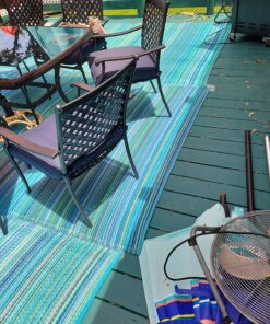 Fab Habitat Outdoor Rug - Waterproof, Fade Resistant, Crease-Free - Premium Recycled Plastic - Striped - Large Patio, Deck, Sunroom, Camping, RV - Cancun - Turquoise & Moss Green - 6 x 9 ft 6' x 9' Rectangular 37 91AQgNQE2AL 1