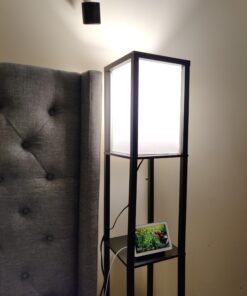 Floor Lamp with Shelves - Room Light by LIGHTACCENTS - Corner Storage Standing Bookshelf Lamp - Bedroom Light with Wooden Storage Shelves and White Cotton Linen Shade (Black) Black 35 91AR5z6AQ6L