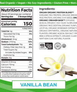 Orgain Organic Vegan Protein Powder, Vanilla Bean - 21g Plant Based Protein, Gluten Free, Dairy Free, Lactose Free, Soy Free, No Sugar Added, Kosher, For Smoothies & Shakes - 2.03lb 20 Servings (Pack of 1) 20 91B0yW0wJ0L