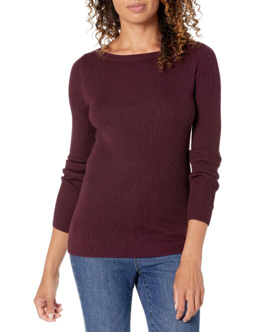 Amazon Essentials Women's Lightweight Ribbed Long-Sleeve Boat Neck Slim-Fit Sweater Large Burgundy