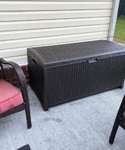 Suncast 99 Gallon Resin Wicker Patio Outdoor Storage Container for Toys, Furniture Deck box, Mocha 56 91Bx 0kj0uL