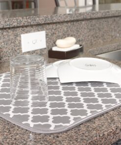 S&T INC. Dish Drying Mat for Kitchen, Absorbent, Reversible Microfiber Dish Mat, 16 Inch x 18 Inch, White Trellis 29 91C16UytgL 1