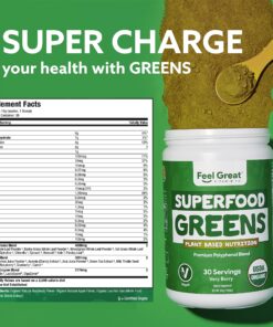 The Feel Great Vitamin Company USDA Organic Superfood Greens Powder - Berry Flavor, Vegan Organic Super Greens, Fruit and Vegetable Supplement, Enzymes & Probiotics. Greens and Superfoods Supplement. Adult Berry 17 91CSCS1Mo1L