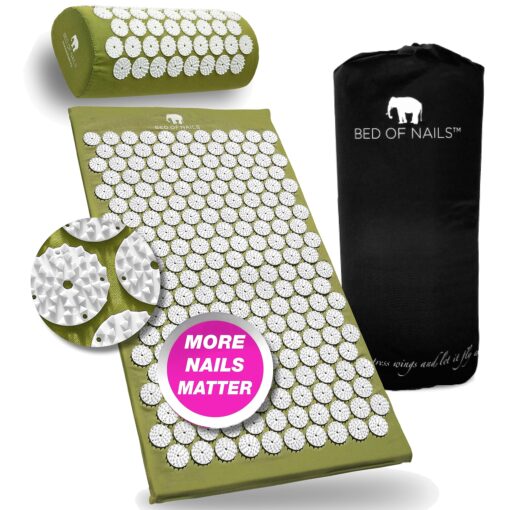 BED OF NAILS The Original Premium Acupressure Mat & Pillow Set, 10,962 Acupuncture Pressure Points for Back Pain Relief, Increased Energy, Relaxation, FSA/HSA Eligible, Drawstring Bag, Green