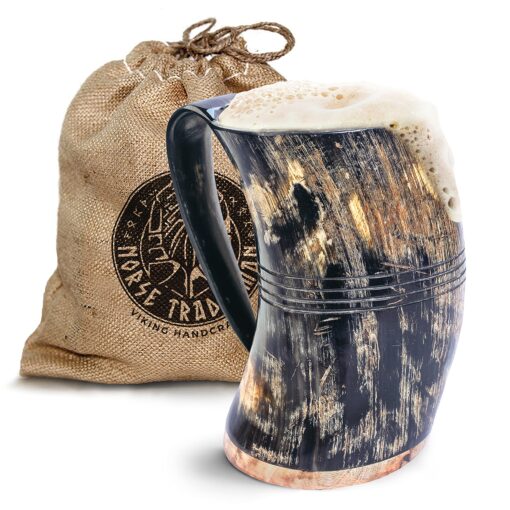 Norse Tradesman XL Viking Drinking Horn Mug - 100% Authentic Beer Horn Tankard With Hardwood Bottom & Ring Engravings | The Eternal, Low Polish, approx. 30 oz