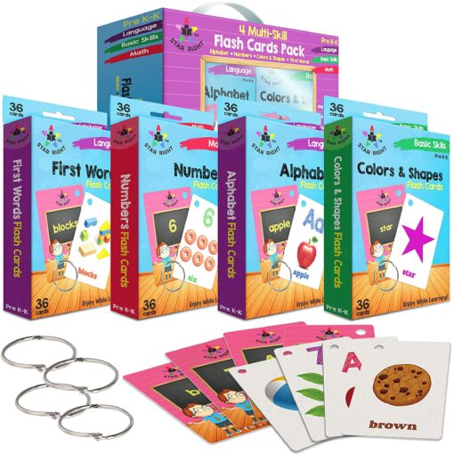 Star Right Words Toddler Flash Cards Set of 4 - Number Flash Cards, First Words, Colors and Shapes, & Alphabet/Letter Flashcards - 4 Binder Rings - 144 Sight Words Kindergarten Flash Cards 3-7 Years Multi Skill