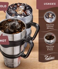 Travel Mug 30 Oz. Stainless Steel Tumbler -Removable Handle | Sliding & Regular Lid, 3 Straws & Cleaning Brush | Double Wall Vacuum Insulated Rambler Suitable For Coffee Hot & Cold Drinks By Ziloes 14 91EvM2mrBkL