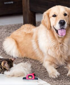 DakPets Pet Deshedding Tool | Professional Cat and Dog Brush for Shedding | Fur Deshedding Brush and Pet Hair Remover for Cats and Dogs | Stainless Steel Cat and Dog Shedding Brush for Pet Grooming Hot Pink 42 91F Y3qk2aL