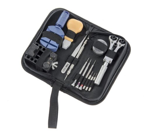 SE 13-Piece Watch Repair Tool Kit - Includes Case Opener, Tweezers, Screwdrivers, Spring Bar Tool, and More - Complete Set in Canvas Zip Pouch for DIY Watch Maintenance - JT6222