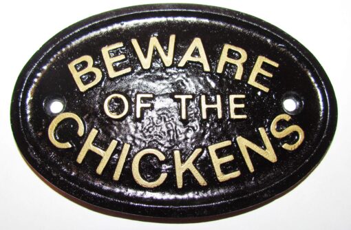 HomeWorks Beware of The Chickens Coop,Gate or Wall Sign in Black with Gold Raised Lettering