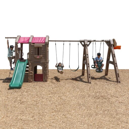 Step2 Naturally Playful Adventure Lodge Play Center Swing Set with Glider– Outdoor Playset Includes Swings, Glider, Steering Wheel, Backboard Hoop, Two Level Clubhouse, Rope Ladder, & Kids Slide With Glider Extension