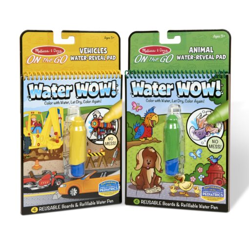 Melissa & Doug On the Go Water Wow! Reusable Water-Reveal Activity Pads, 2-pk, Vehicles, Animals - Party Favors, Stocking Stuffers, Travel Toys For Toddlers, Mess Free Coloring Books For Kids Ages 3+ Bundle: Vehicles, Animals