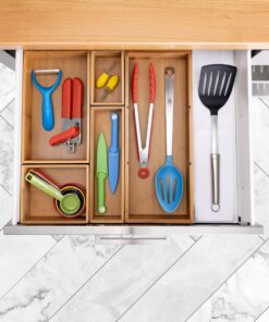 Seville Classics Bamboo Premium Organizer Storage Bins for Kitchen Silverware, Pantry, Closet, Office Desk, Pens, Utensils, Makeup, K Cup, Bamboo, Bin Set w/Dividers (5 Piece) Bin Set w/ Dividers (5 Piece) 25 91JaeqcD2CL