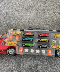 Amazon Basics Toy Car Carrier Truck With Storage For Kids Ages 3 and Up, 6-Pieces Diecast Vehicles & 16 Accessories, Multicolor, Medium 73 91Jz0ahuWuL