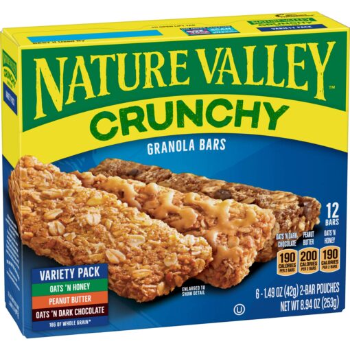 Nature Valley Granola Bars, Crunchy, Variety Pack of Oats 'n Dark Chocolate, Peanut Butter, Oats 'n Honey, 6 Pouches, 2-Bars Per Pouch (Pack of 6)