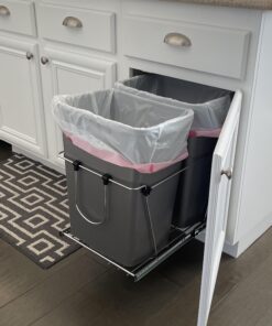 Rev-A-Shelf Double Pull Out Trash Can for Under Kitchen Cabinets 35 Qt 12 Gal Garbage Recyling Bin on Full Extension Slides, Silver, RV-18KD-17C S Metallic Silver 39 91LC20BME9L